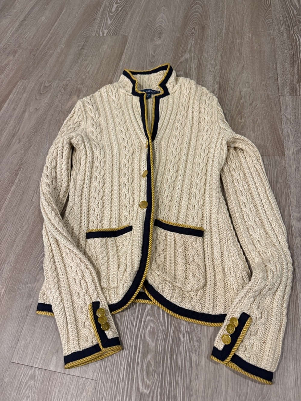 vintage Ralph Lauren Cream Cable-Knit Trim Cardigan Sweater